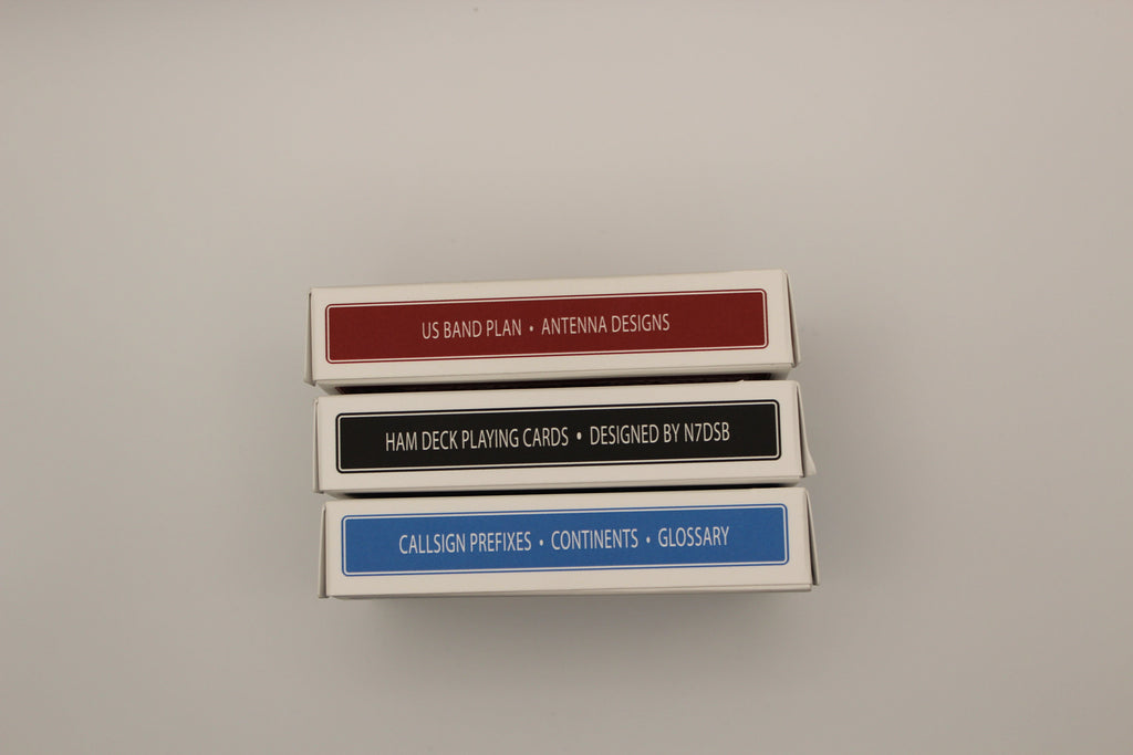 Three card decks stacked on a gray background