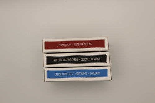 Three card decks stacked on a gray background