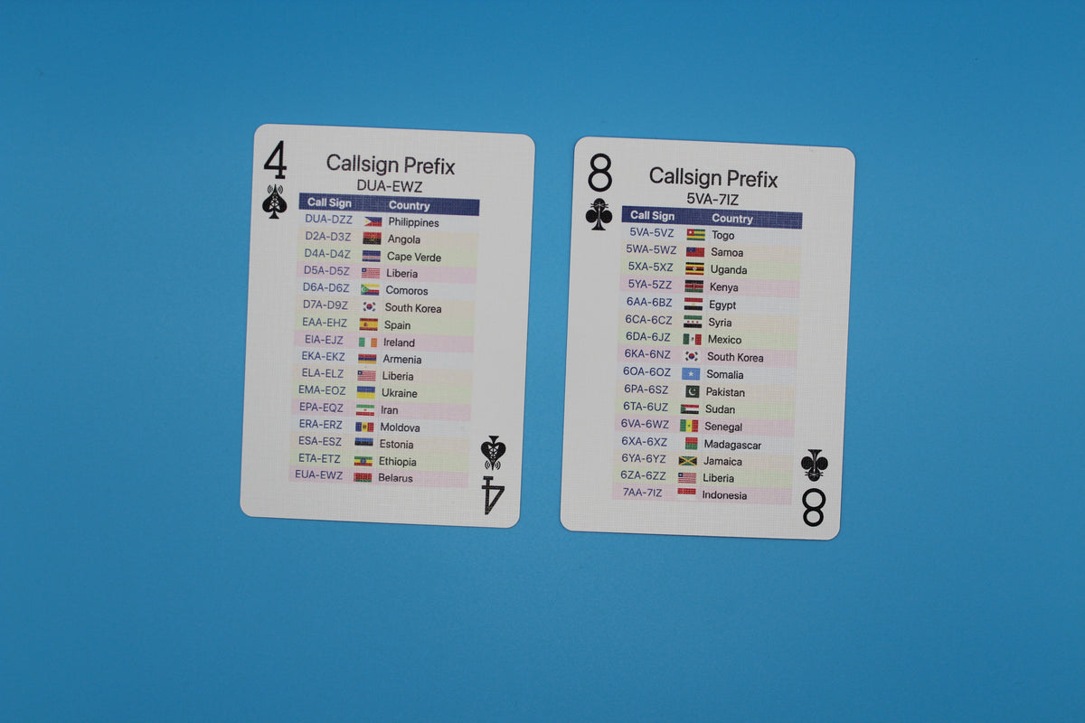 Two playing cards with call sign prefixes on a blue background