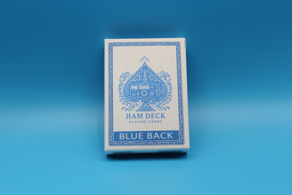 Ham Deck playing cards with blue back design on a blue background