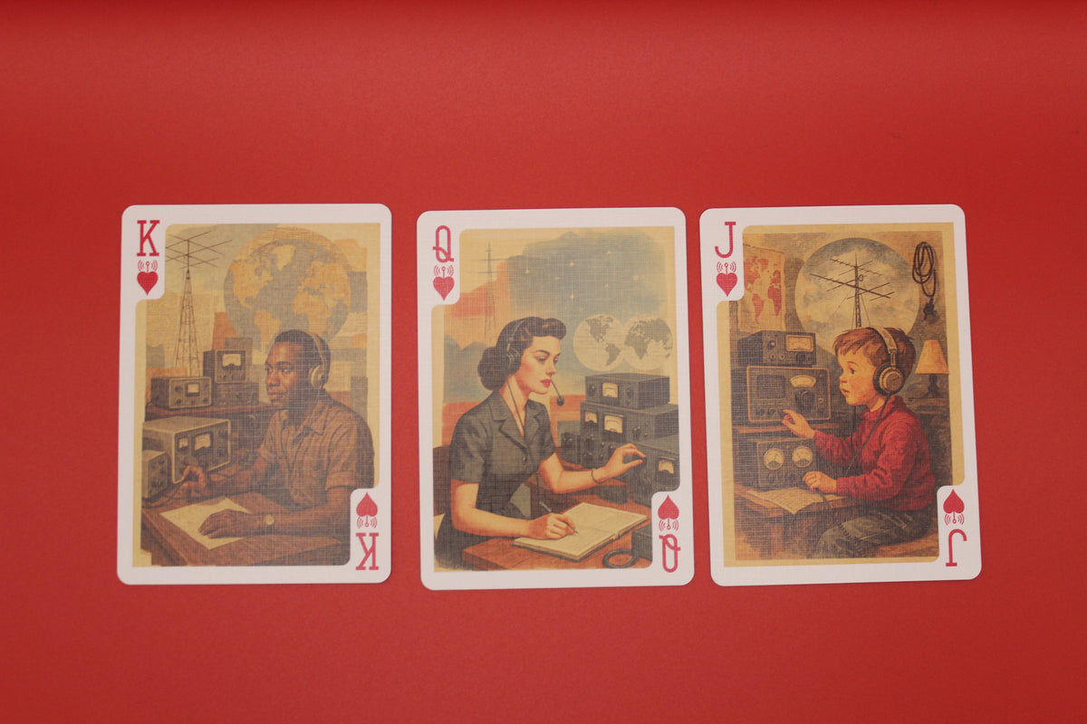 Three playing cards featuring different Ham Radio individuals on a red background