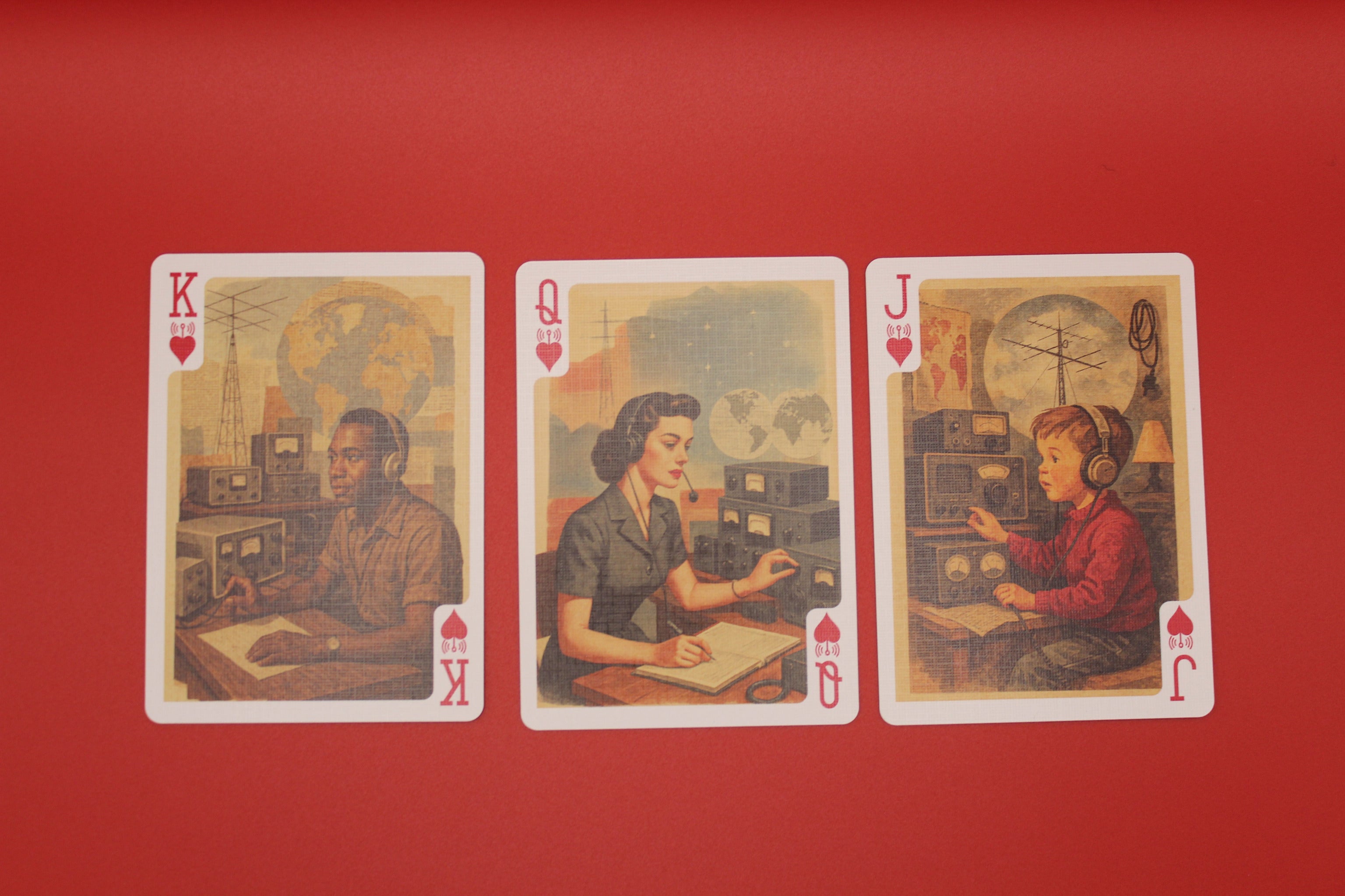 Three playing cards featuring different Ham Radio individuals on a red background