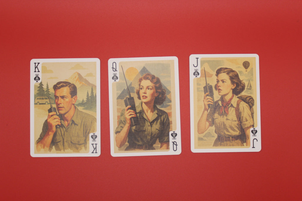 Three playing cards featuring illustrated ham radio operators on a red background