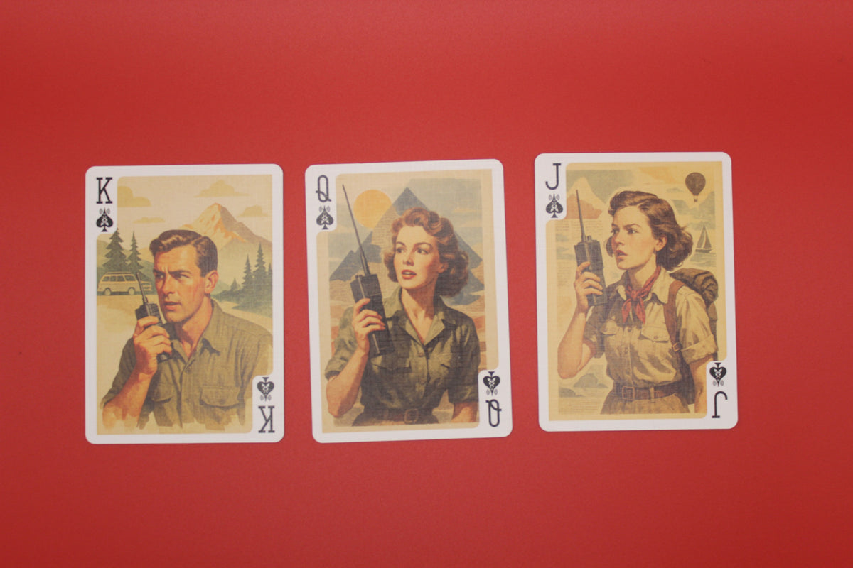 Three playing cards featuring illustrated ham radio operators on a red background
