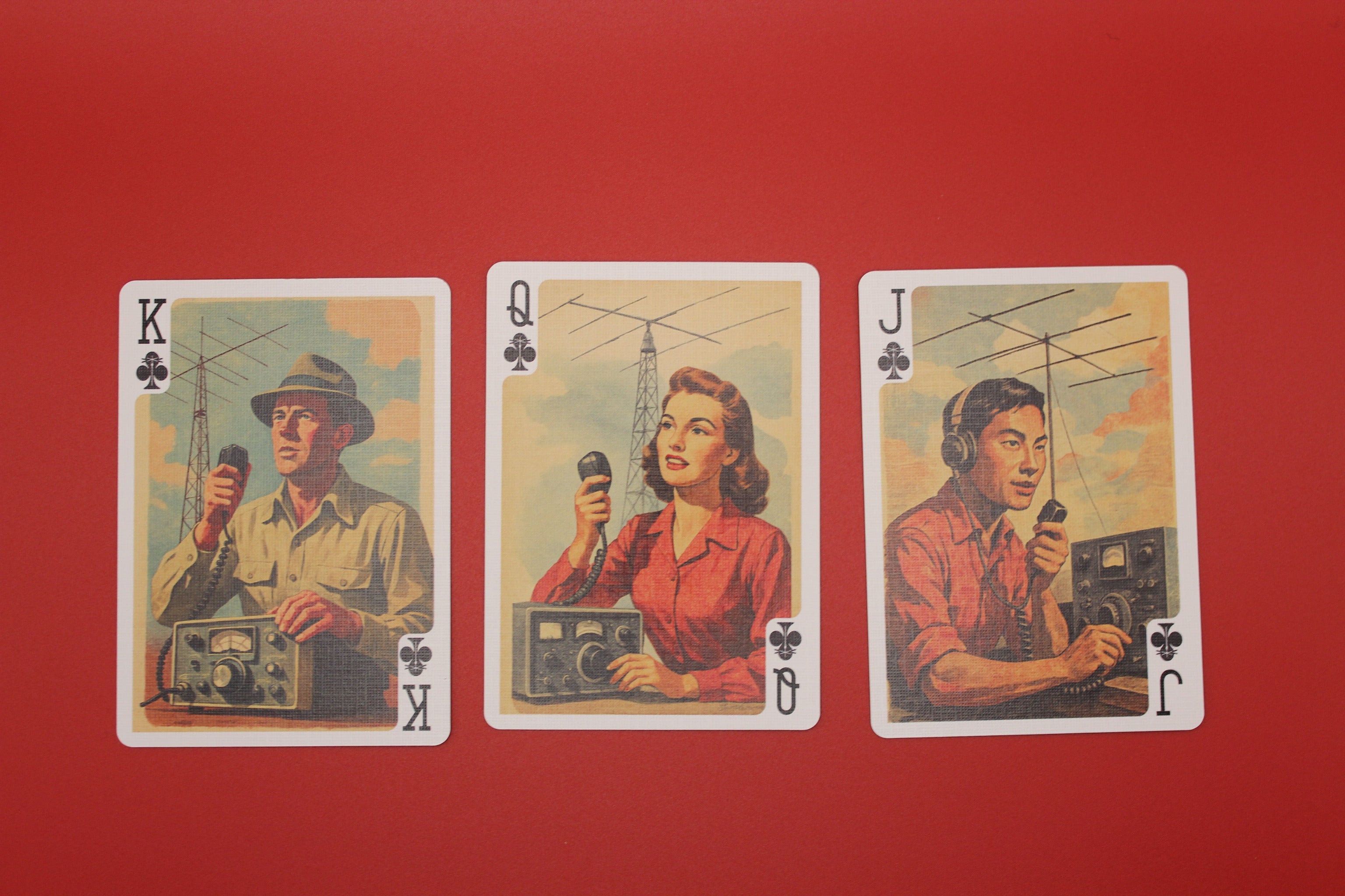 Three playing cards with radio operators on a red background