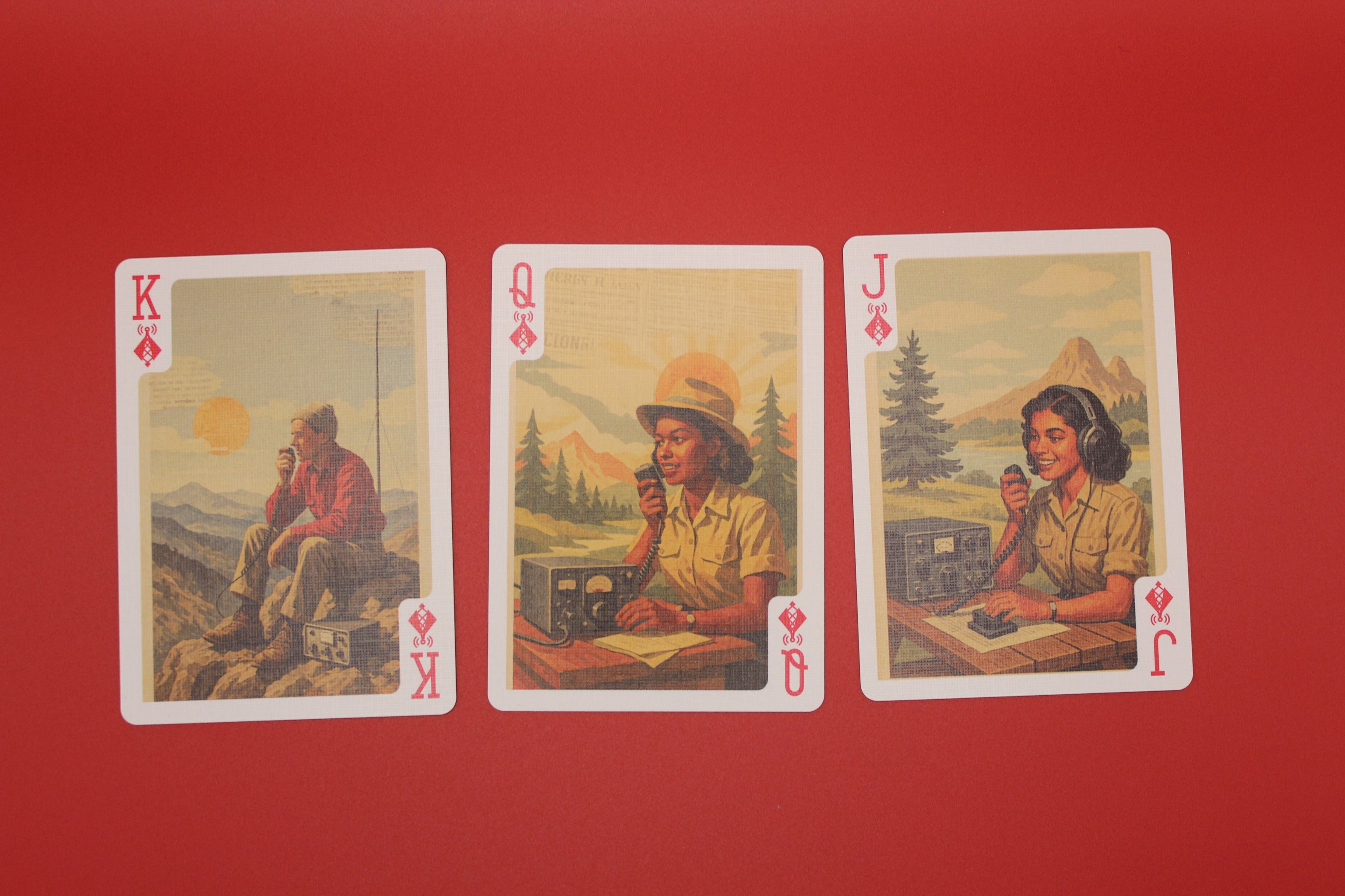 Three playing cards with illustrated ham radio operators on a red background
