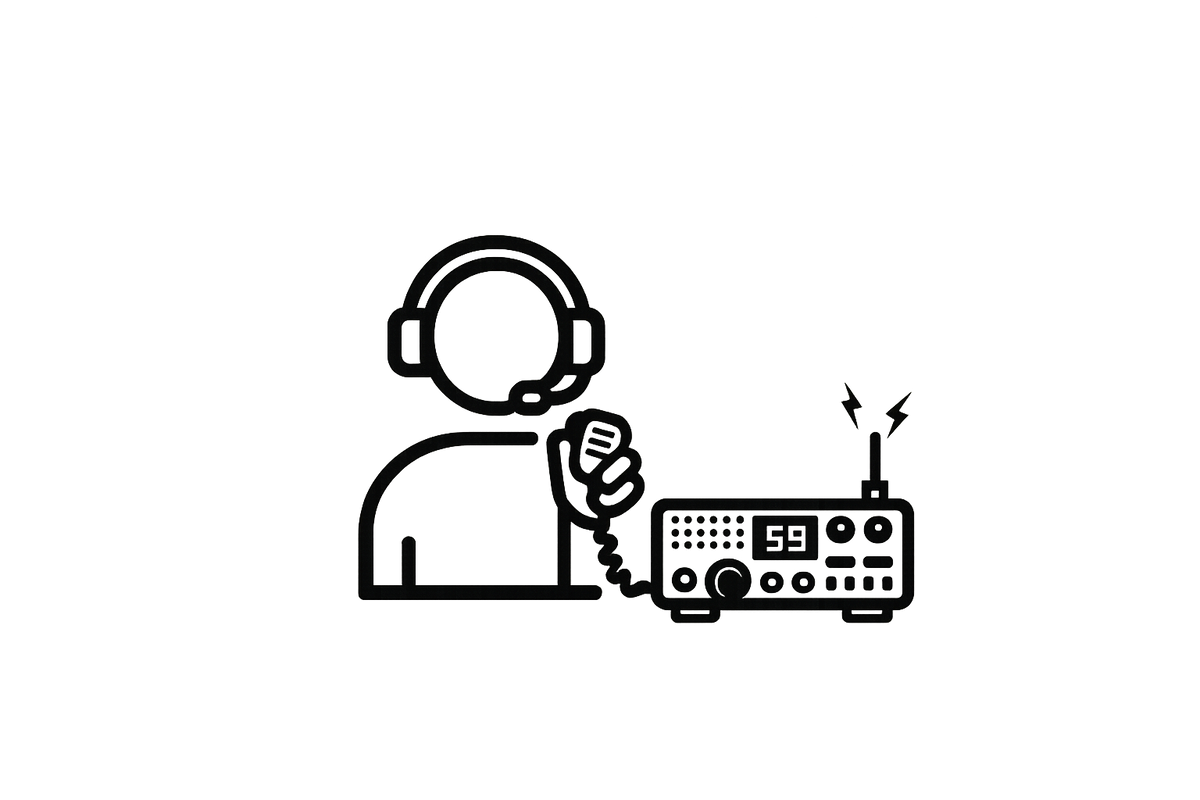 Black and white icon of a person with headphones and a radio.